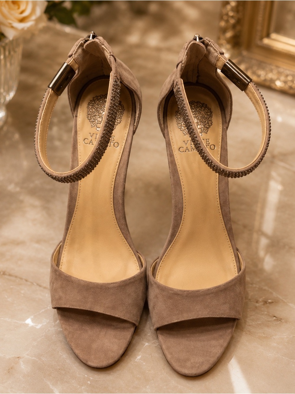 Vince Camuto Taupe Ankle-Strap Suede Sandals